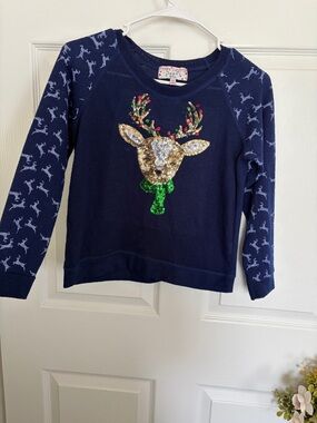 Poof! Girls' Navy Sequin Reindeer Sweater